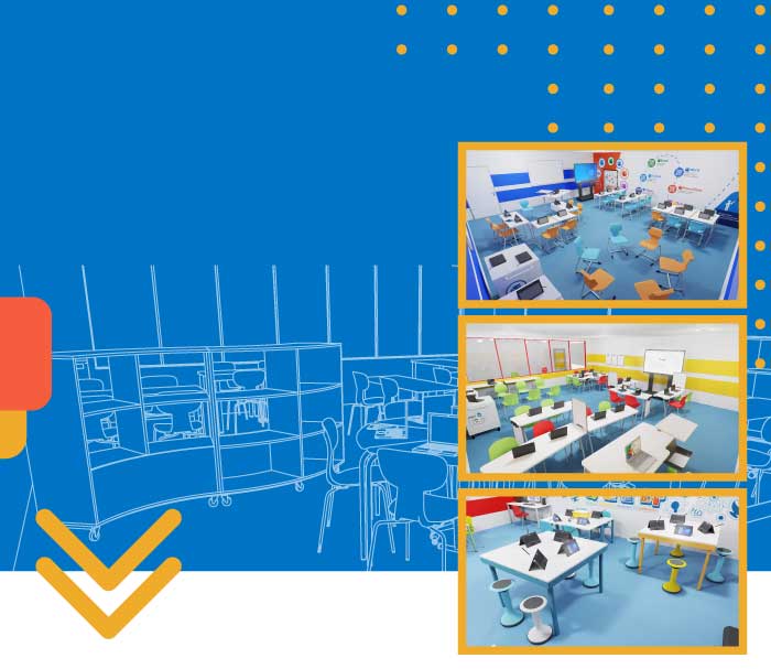 Aula scolastica digitale con tecnologie avanzate, rappresentazione del Piano Scuola 4.0